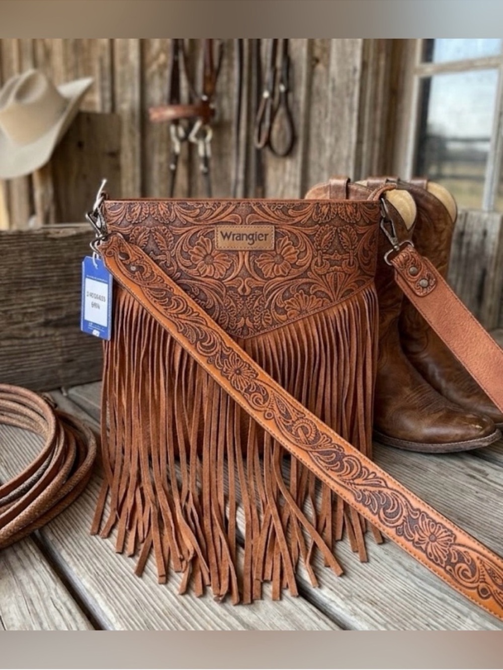 Wrangler Brown Tooled Fringe Crossbody Bag